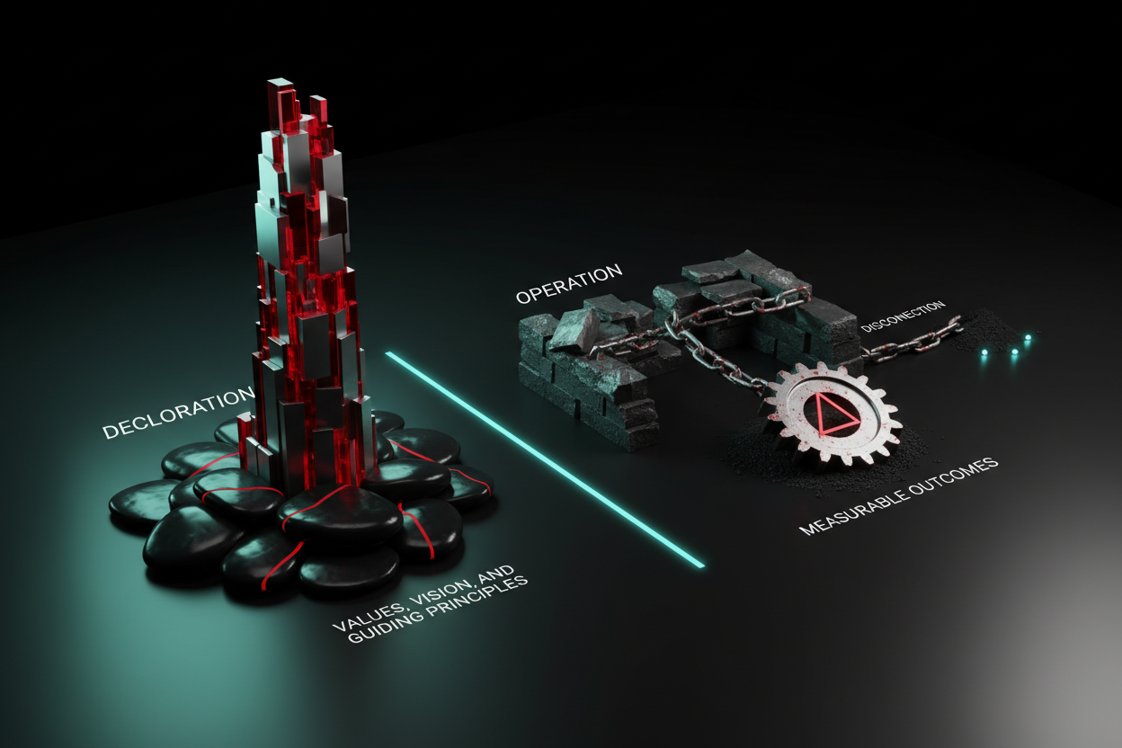 Infographic image for Building Your Brand Identity Architecture: A Framework for Values, Vision, and Guiding Principles | The Disconnection Between Declaration and Operation